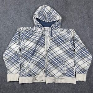 Y2K Machine Zip Up Hoodie Mens XXL White Blue Plaid Distressed Fleece Lined